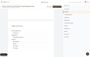 Automatic table of contents with section labels and page numbers, regenerated on every preview.