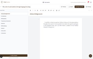 Chapter editor with a sidebar for sections (Acknowledgements, Introduction, Methodology, Results, Discussion) and a clean writing canvas.