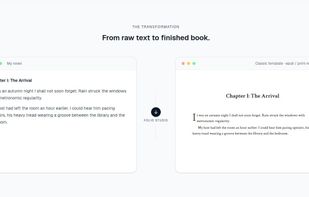 From raw draft to finished book: your plain text on the left becomes a fully typeset chapter on the right, ready for EPUB and print-ready PDF.