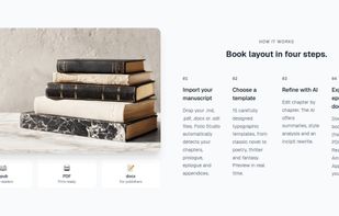 Book layout in four steps: import your manuscript, choose a template, refine with AI, and export as EPUB, PDF and DOCX.
