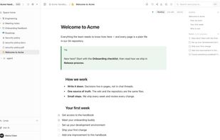 A team wiki page: outline, callout and checklists, in reading mode