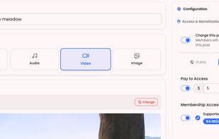 Choose per post: free, pay-per-view, membership-gated, or charged on publish