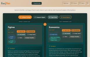 Side-by-side font analysis comparing two typefaces with detailed breakdowns of classification, characteristics, mood, and professional recommendations.