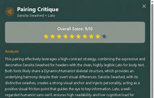 AI pairing critique with 1-10 score, detailed analysis of visual harmony, and specific recommendations for improving font combinations.