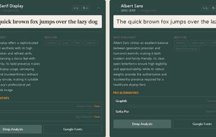 Font analysis results with AI-powered alternative suggestions showing match scores and use-case recommendations.