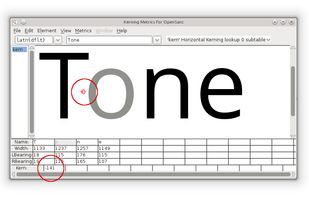 Kerning individual pairs

This is the most basic level of creating kerning pairs in FontForge. In the Metrics Window, the kerning value between two characters can be manually adjusted either by dragging the right-hand character to or from the left-hand character, or by editing the kerning value directly in the metrics table of the window. To change kerning values by dragging characters, use the kern-tool handle that appears when the mouse cursor is hovering between two characters (see screenshot below). The kerning value in the metrics table can be edited by manually entering values or by incrementing / decrementing the value using your keyboard’s up / down keys. <http://designwithfontforge.com/en-US/Spacing_Metrics_and_Kerning.html>