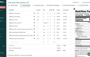 The Recipe Builder is where users input their recipe details. It allows for precise entry of ingredients, amounts, units (grams, tsp, cup, etc.), and includes fields for calculating waste and yield adjustments. The final Net Totals and an updated Nutrition Facts panel are displayed in real-time on the right.