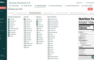 The Show/Hide Nutrients section under Customize Label gives the user granular control over what appears on the final Nutrition Facts panel. Users can easily toggle on or off a wide range of standard components, vitamins, minerals, and other nutrients (like water, caffeine, or specific fatty acids) to meet their label requirements.