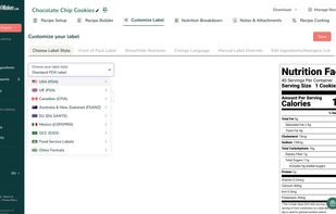 In the Customize Label section, users select their required legal labeling format. The tool supports multiple global standards, including USA (FDA), UK (FSA), Canada (CFIA), EU (DG SANTE), and more, ensuring compliance across different geographical markets.