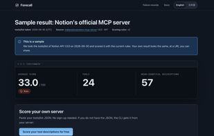 A sample result: Notion's official MCP server scored, with its average, tools and near-identical descriptions.