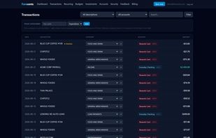 live transactions with the pending purchase, category dropdowns, and custom categories, showing the day-to-day workings.