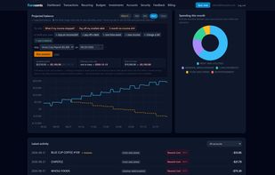 the differentiator: the What-if panel with "What if my income stopped?" actually run, showing the blue baseline climbing while the amber scenario line falls to a concrete "Money runs out ? 2026-12-15." No competitor screenshot looks like this.
