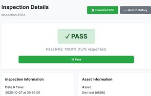Detailed inspection report showing pass/fail results, timestamps, and inspector information