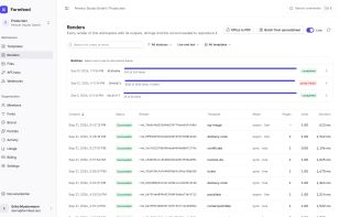 Every render with its status, mode, pages, units and duration, and batches with their progress. Office to PDF and batches from a spreadsheet start here.