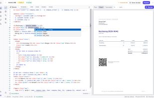 The editor: a Jinja2 invoice template with completion from the sample data, beside a paged preview that lays out like the PDF, GiroCode included.
