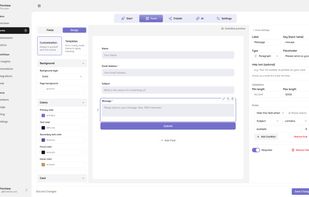 Form builder with drag drop fields, per field validation and conditional rules, plus full control over colours and layout.