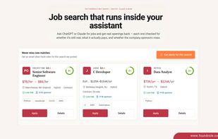 AI Job Search results show live roles with match signals, salary information, and quick actions to save or track each job.