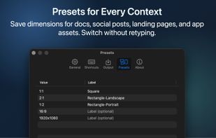 Set 16:9 once, and every screenshot comes out 16:9. Set 1920×1080, and every screenshot comes out at exactly that size. Presets let you switch between ratios for different contexts — documentation, social media, landing pages — without retyping.
