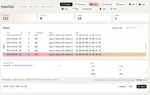 Demo mode: frames split, CRC-verified and field-parsed live, with the selected FAIL frame shown as hex and a field table.