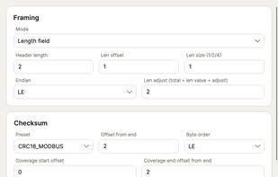 Frame definition: length-field framing, a CRC-16/MODBUS checksum with coverage offsets, and typed fields with per-field endianness.