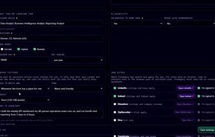 Settings: roles, locations, minimum pay, cover letters and the job sites you use (sample data)