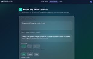 FreelancerGuard scope creep email generator creating a calm boundary-setting reply for an out-of-scope client request.