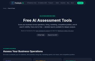 Nine free AI assessment tools covering visibility, readiness, ROI, tool stack, competitor gaps, marketing budget, search gaps, GEO action planning, and job displacement risk. No signup required; instant on-screen results. Each tool pairs with an optional detailed PDF report for deeper analysis.