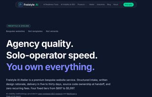 Atelier — Freistyle AI's bespoke website service. AI-ready, GEO-native websites with fixed pricing from $697 to $5,997. Full source code ownership at handoff, no lock-in, no subscriptions. Delivered in days, not months, by a Swiss solo operator with fifteen years of analytical and risk management experience.