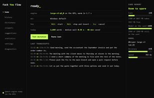 Main window: the dictation key, the ready state and a live log of what was typed.