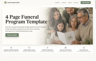 Funeral Program Maker landing page and guided funeral program creation flow.