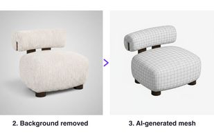 Image to 3D in four steps: furniture photo, background removed, AI-generated mesh, textured 3D model