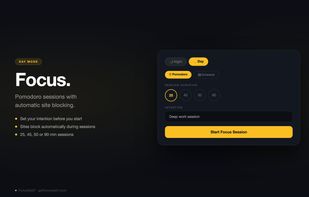 Day Mode: Pomodoro focus session with live countdown and site blocking