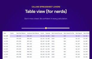 Spreadsheet lovers will find themselves at home with a table-view that shows a row for every month in your simulation with your income, expenses, interest, tax, investment gains, and more at your fingertips.