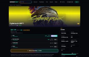 Game page: every authorized store ranked by price, cheapest first. All-time low badge, recorded low, and how much you save.