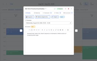 The lesson edit modal, where the teacher can add a lesson plan, materials, homework, todos and curriculum