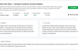 An app opportunity surfaced from the data, with a quick summary of the gap it fills and the marketplace signals behind it.