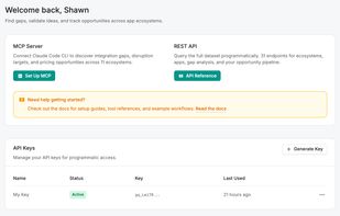 MCP server and REST API access. Query opportunity data conversationally inside Claude Code, or programmatically via the API with your own key.