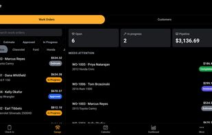 Garage: every open work order at a glance, with status filters and the shop's totals up top.