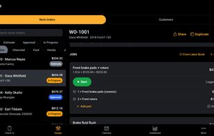 Work order detail: jobs with labor and parts, live totals, approval signature, and PDF estimate or invoice from one screen.