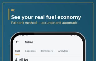 Real fuel economy calculated from full-tank fill-ups, with per-fill and average figures.