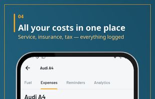 Service, insurance, tax and every other cost logged in one place per vehicle.