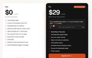 Pricing: Free plan with one page and no lead cap, or Pro at $29 a month