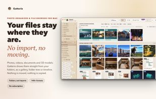 Folder-based visual library for photos, documents, videos and creative files, without importing or moving originals.