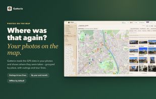 Photo locations on an interactive map, with GPS metadata, grouped places, outings and tour lines.