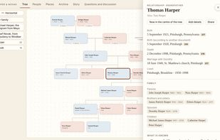 Interactive family tree and source-linked person card, using fictional demonstration data.