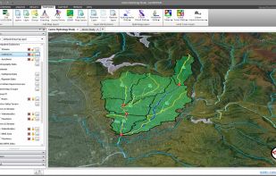 Integrated Cloud-Based Mapping:
Utilize world-wide high-resolution 3D digital elevation terrain data from map services for automated watershed delineation, computation of time of concentration and lag time. Utilize web-based mapping services for aerial orthophotos, FEMA flood maps, watershed delineation, river centerline alignment, and more.