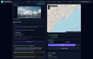 GeoImageTagger analyzes a Toronto skyline photo, suggests GPS coordinates, and writes location metadata to the image.