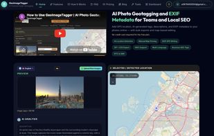 GeoImageTagger homepage showcasing AI photo geotagging, EXIF metadata writing, and map-based location editing.