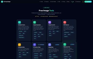 GeoImageTagger Tools Hub with 9 free browser-based image tools: Metadata Viewer, Image Compressor, Converter, EXIF Remover, Metadata Editor, AI Location Finder, Watermark Tool, and Image Editor.