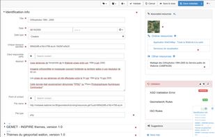 The editor provides uploading of data, graphics, documents, pdf files and any other content type. It supports among other:
multilingual metadata editing,
validation system,
suggestion to improve metadata quality
geopublication of layers to publish geodata layers in OGC services (eg. GeoServer)